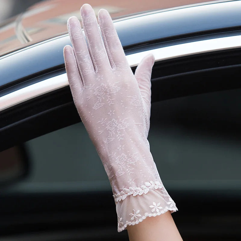 Sexy Spring Summer Women Autumn UV Sunscreen Short Sun Gloves Fashion Ice Silk Lace Driving Of Thin Touch Screen Gloves G07A