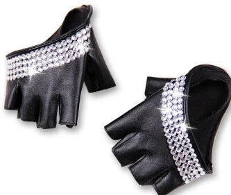 Women's Fashion Half Palm Semi- finger PU Leather Rhinestone Gloves Men's Fingerless Hip-hop Personality Diy Gloves