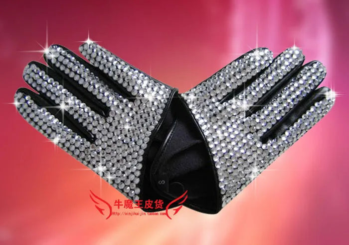 women's fashion pu leather stick drill rhinestone gloves jazz ds leather gloves men's fashion half palm performance gloves