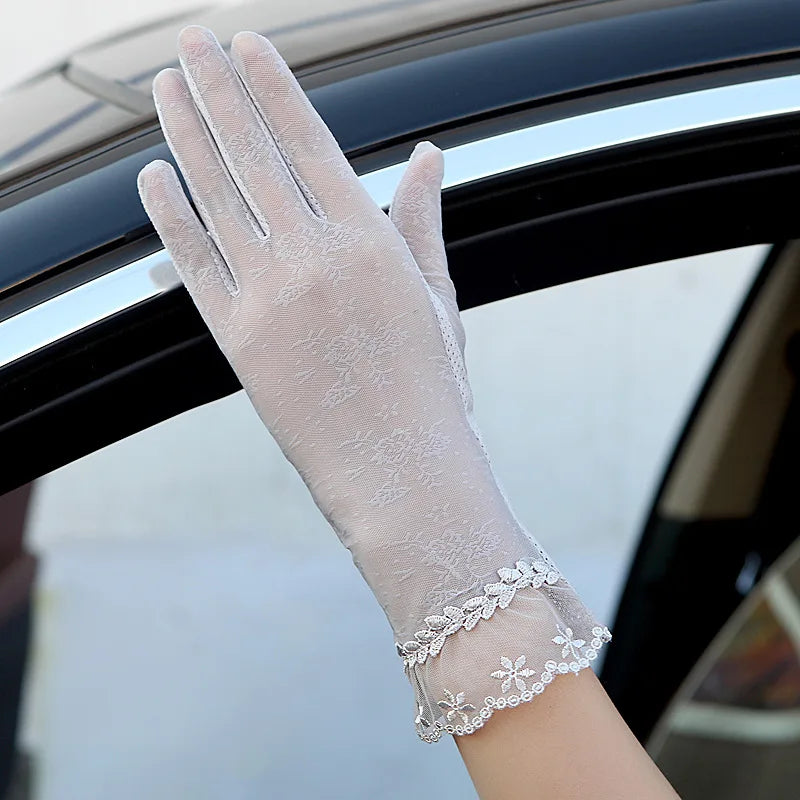 Sexy Spring Summer Women Autumn UV Sunscreen Short Sun Gloves Fashion Ice Silk Lace Driving Of Thin Touch Screen Gloves G07A