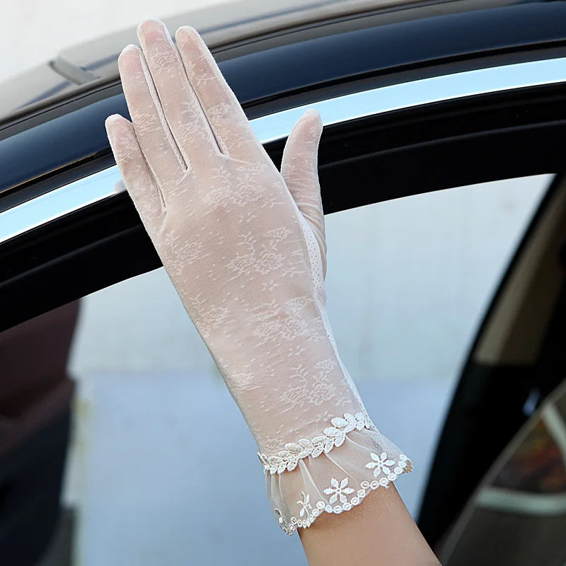 Sexy Spring Summer Women Autumn UV Sunscreen Short Sun Gloves Fashion Ice Silk Lace Driving Of Thin Touch Screen Gloves G07A