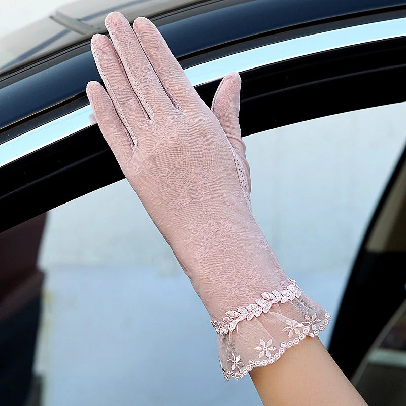 Sexy Spring Summer Women Autumn UV Sunscreen Short Sun Gloves Fashion Ice Silk Lace Driving Of Thin Touch Screen Gloves G07A