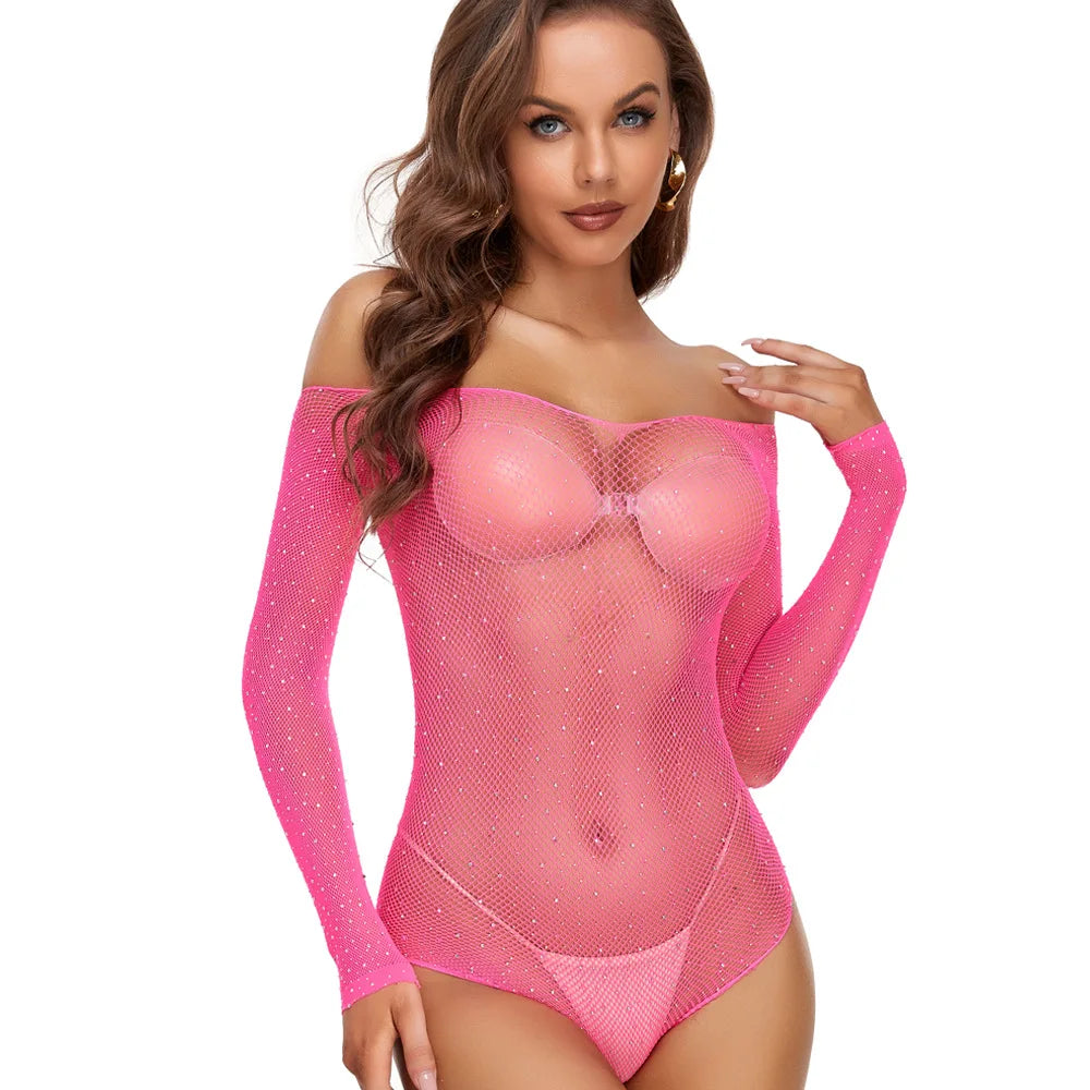 Sexy Women Mesh Body Stocking Fishnet Bodysuit SeeThrough Crystal Diamonds Rhinestone Lingerie Babydolls Dress Bodystockings