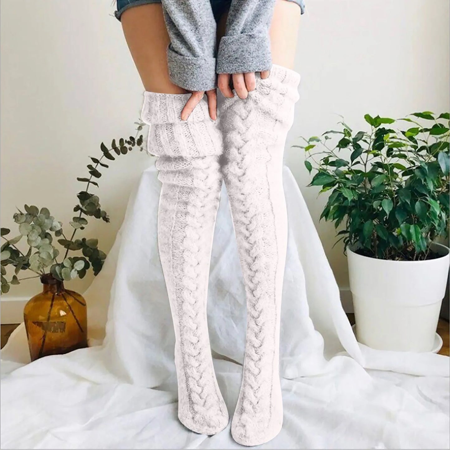 Women Socks Christmas solid Long Over The Knee Cotton Socks High Long Winter Knitting Over Knee Xmas Knit carpet Socks