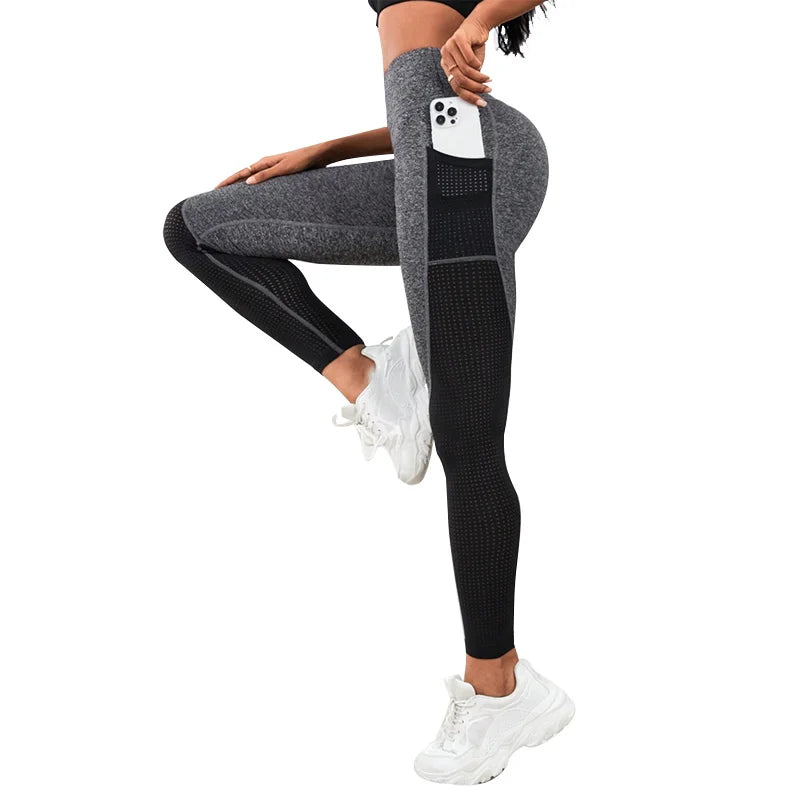 Mesh Colorblocked High Waist Yoga Pants with Pockets Leggings for Women Tummy Control Workout Leggings for Women