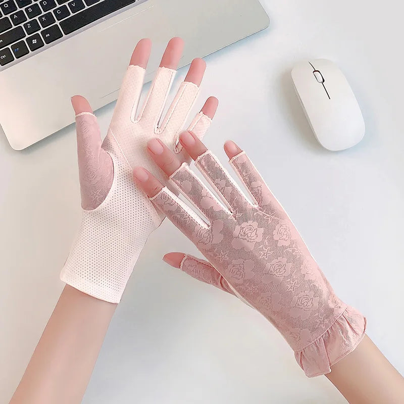 Women Summer Sunscreen Lace Flowers Driving Cycling Breathable Half Finger Gloves Thin Mesh Ice Silk Touch Screen Anti-Slip