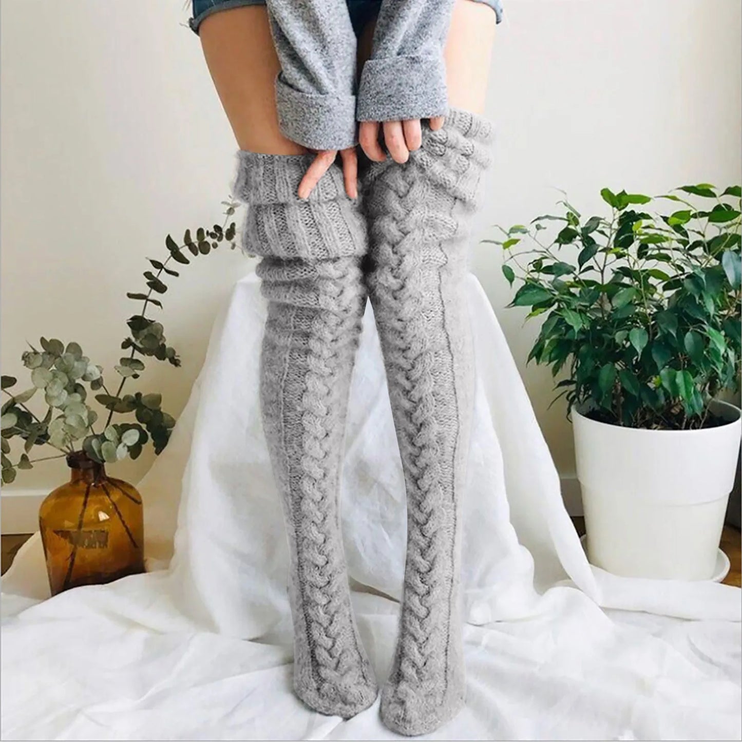 Women Socks Christmas solid Long Over The Knee Cotton Socks High Long Winter Knitting Over Knee Xmas Knit carpet Socks