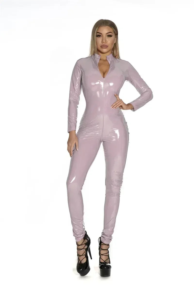 Women's Wet Look Shiny PU Faux Leather Jumpsuit Suit Long Sleeve Zipper Open Crotch Latex Bodysuit Clubwear Plus Size