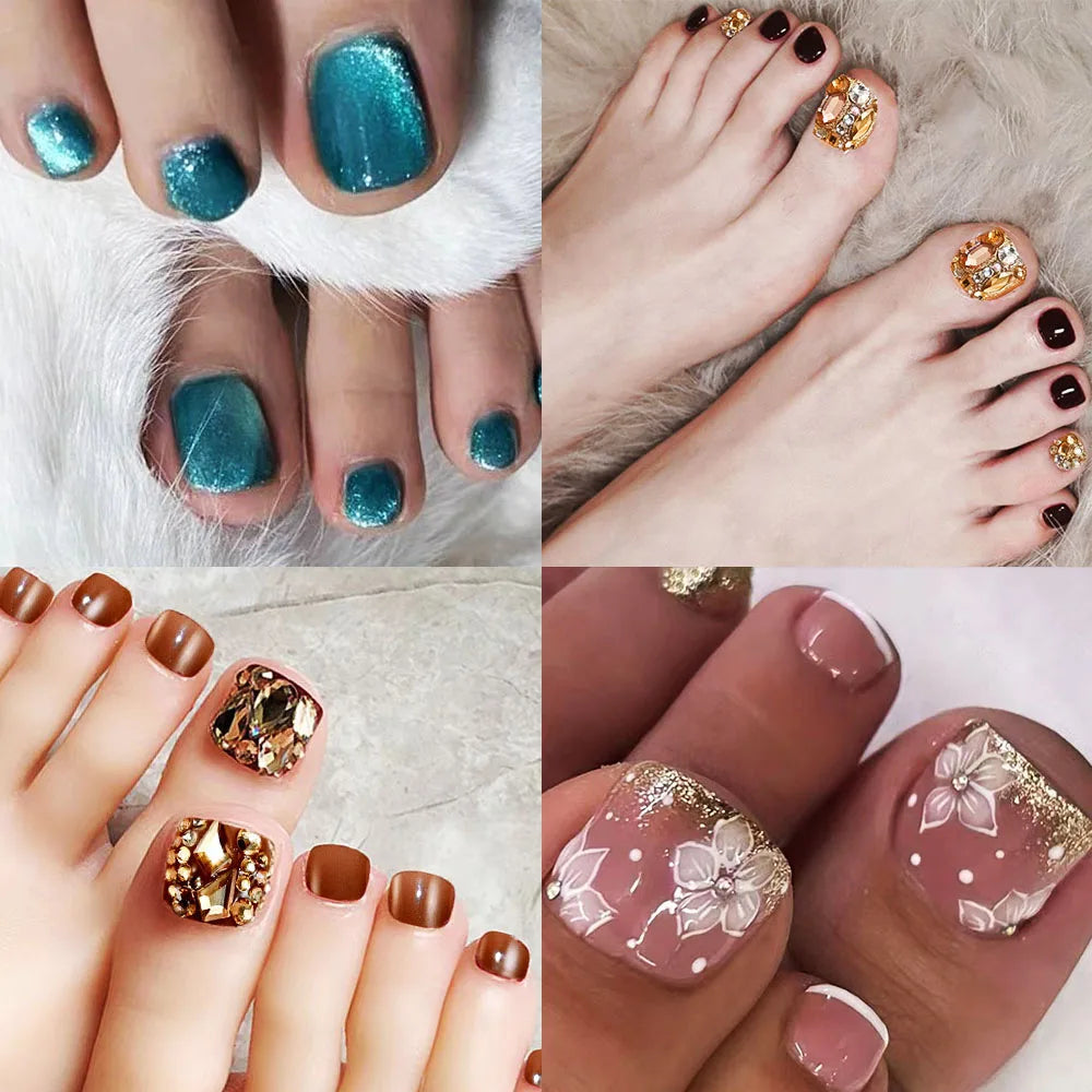 24Pcs/box Short Square Fake Toenail With Gold Crystal/Cat Eye's Square Fake Foot Nails Full Cover Detachable False Toenails