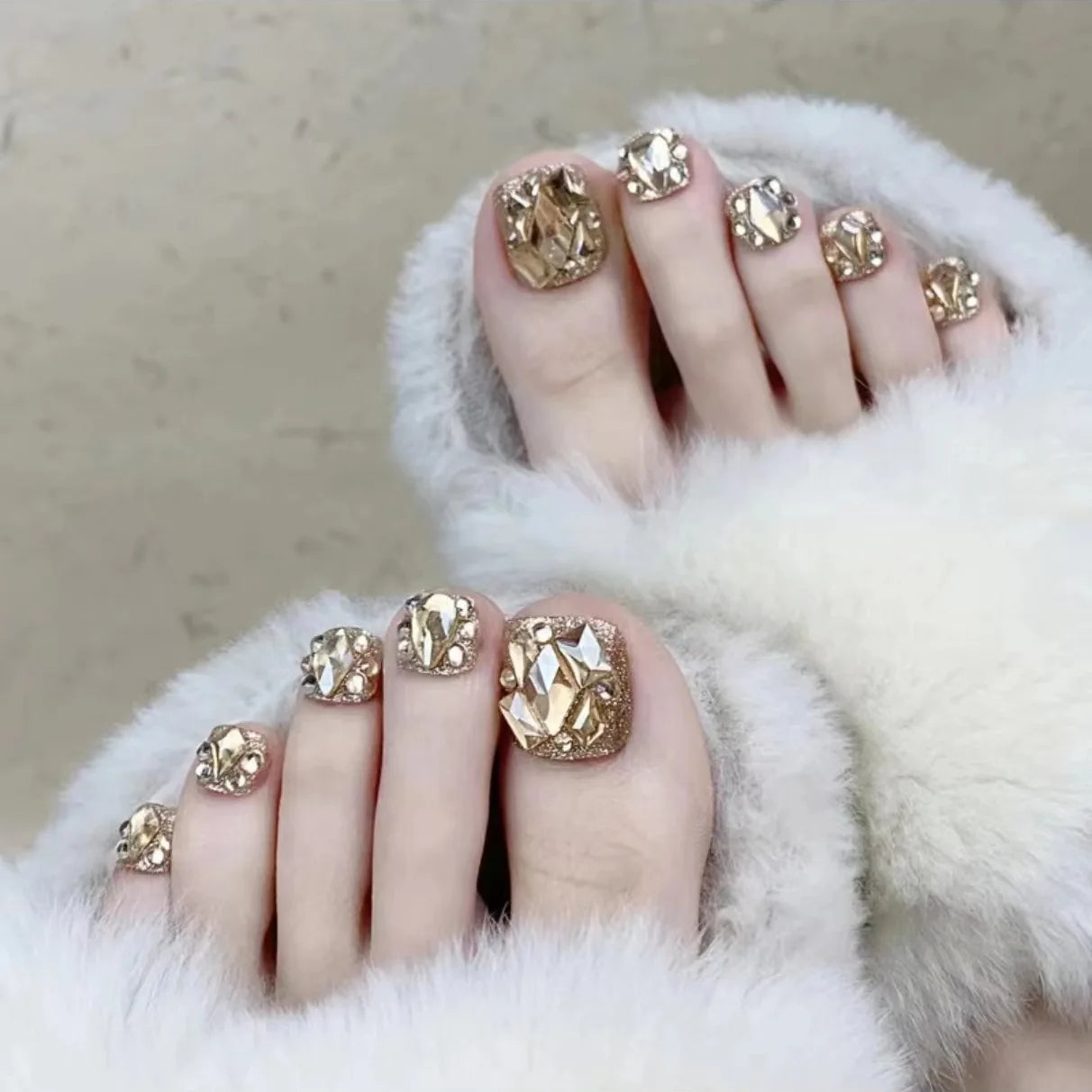 24Pcs/box Short Square Fake Toenail With Gold Crystal/Cat Eye's Square Fake Foot Nails Full Cover Detachable False Toenails