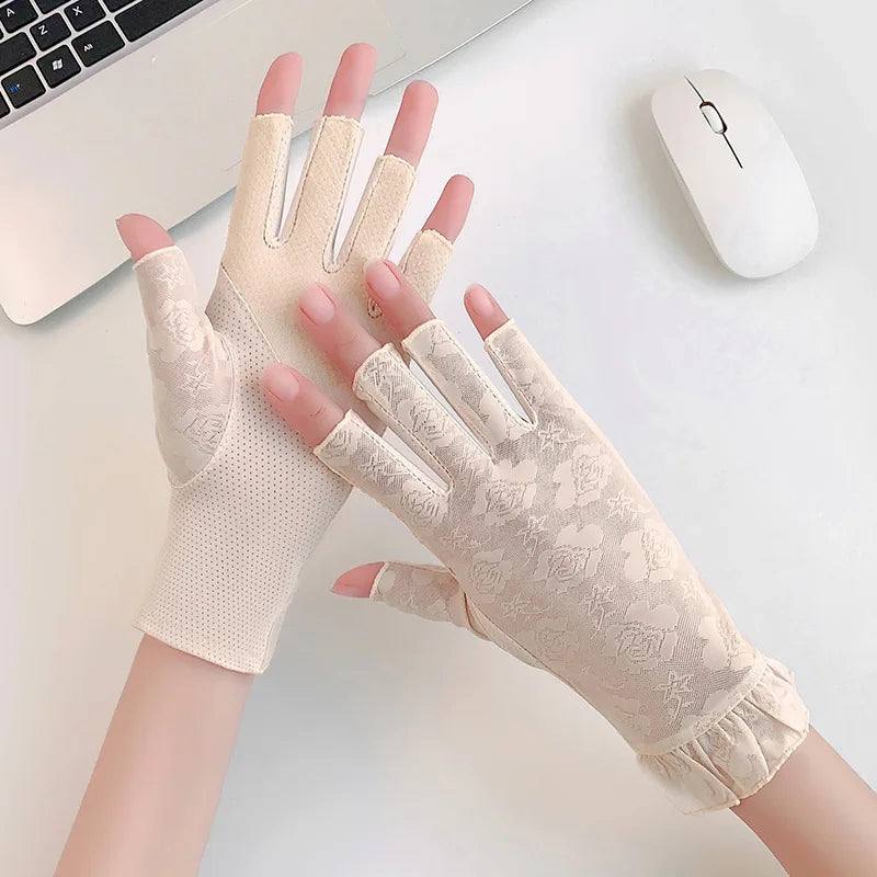 Women Summer Sunscreen Lace Flowers Driving Cycling Breathable Half Finger Gloves Thin Mesh Ice Silk Touch Screen Anti-Slip