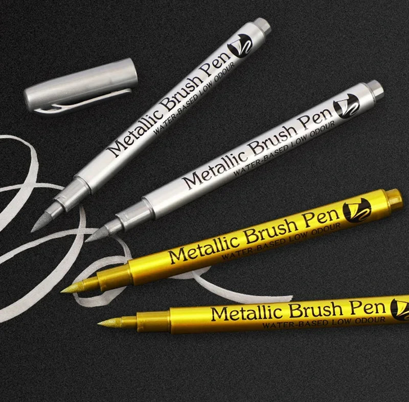 3Pcs/set Permanent Brush Metallic Art Markers Pens Silver/Gold/Copper/White Paint Pen for Rock Halloween Pumpkin Christmas