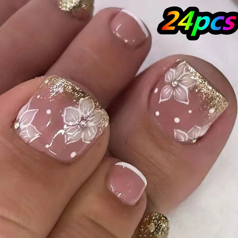 24Pcs/box Short Square Fake Toenail With Gold Crystal/Cat Eye's Square Fake Foot Nails Full Cover Detachable False Toenails