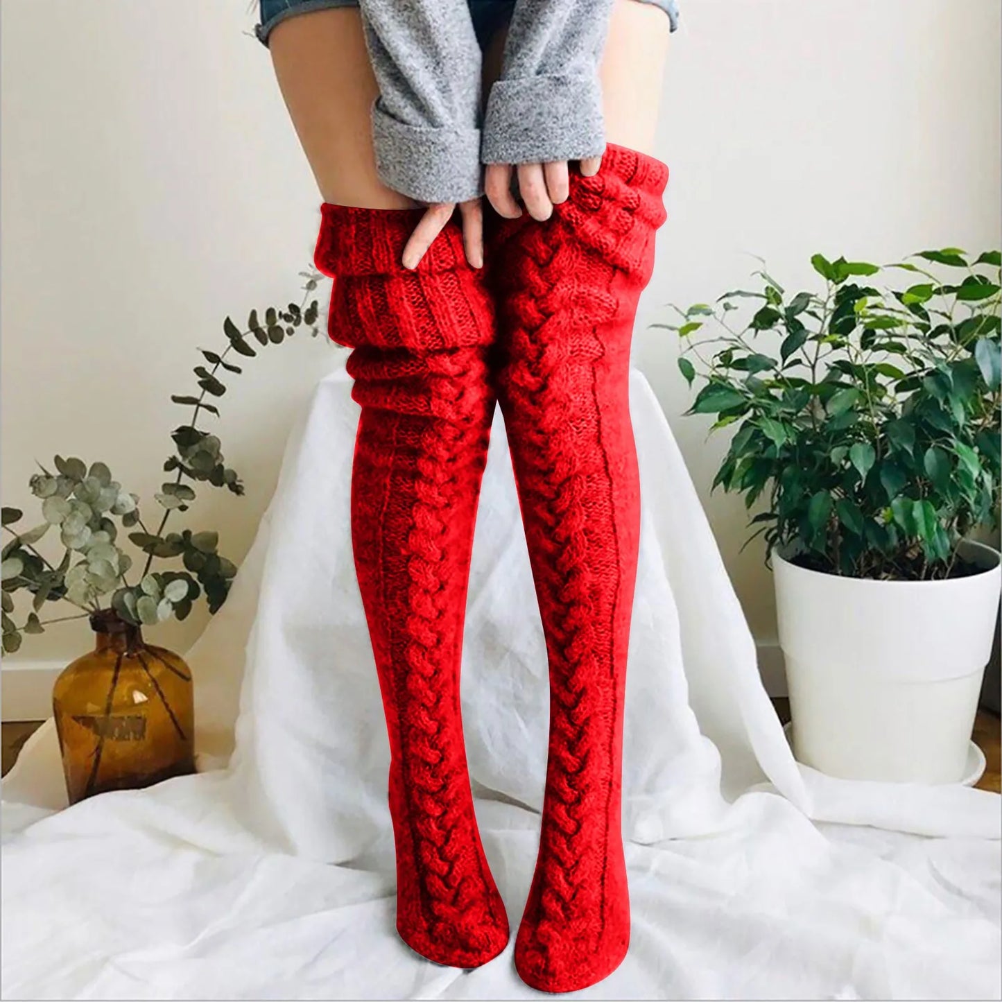 Women Socks Christmas solid Long Over The Knee Cotton Socks High Long Winter Knitting Over Knee Xmas Knit carpet Socks