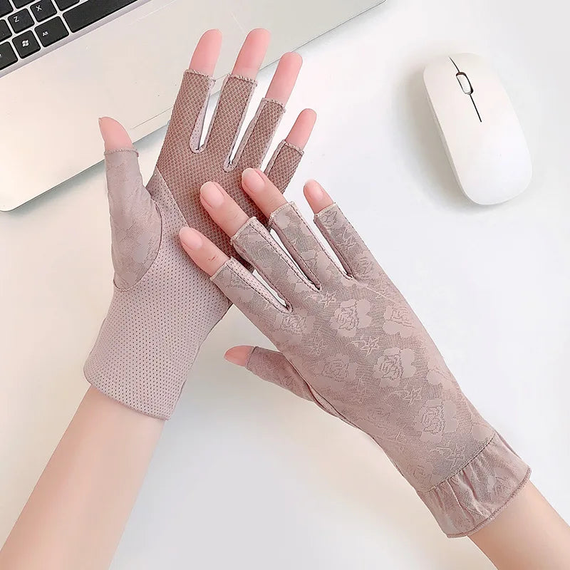 Women Summer Sunscreen Lace Flowers Driving Cycling Breathable Half Finger Gloves Thin Mesh Ice Silk Touch Screen Anti-Slip
