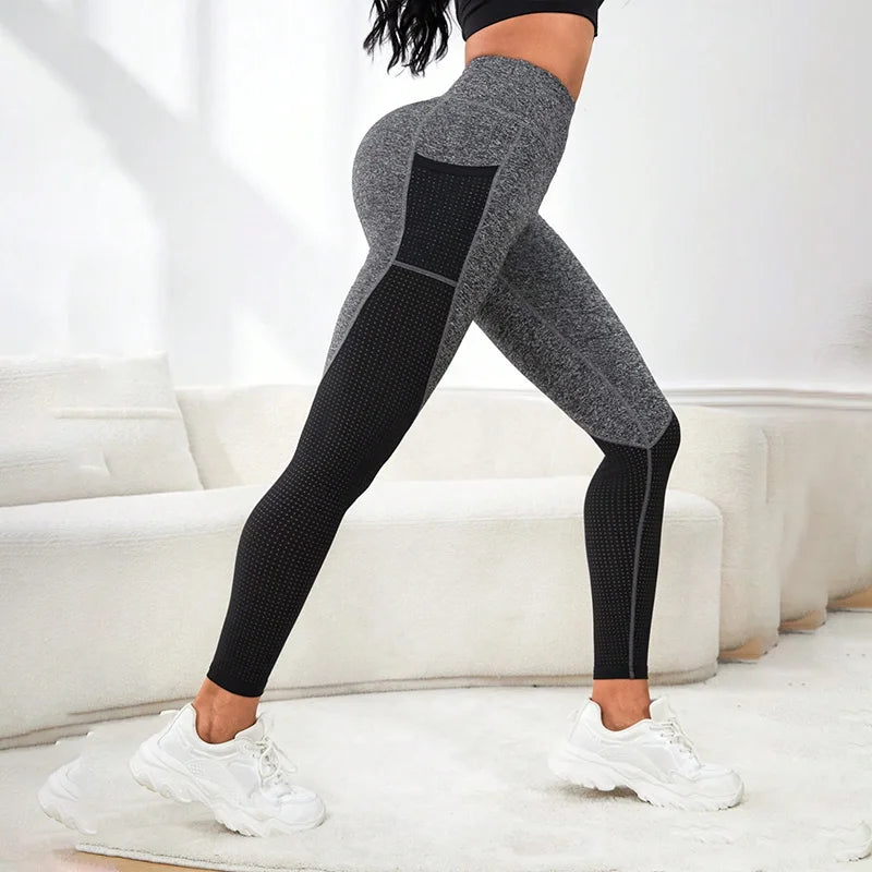 Mesh Colorblocked High Waist Yoga Pants with Pockets Leggings for Women Tummy Control Workout Leggings for Women