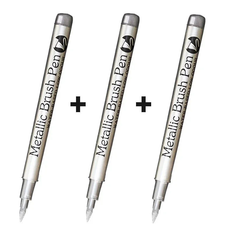 3Pcs/set Permanent Brush Metallic Art Markers Pens Silver/Gold/Copper/White Paint Pen for Rock Halloween Pumpkin Christmas