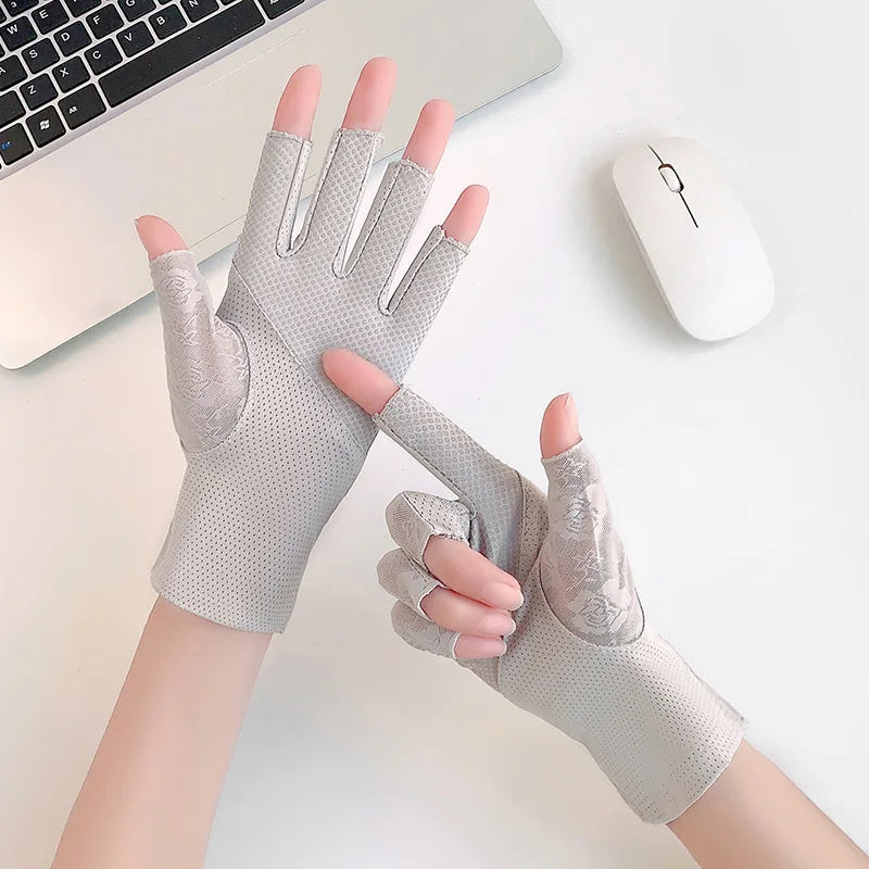 Women Summer Sunscreen Lace Flowers Driving Cycling Breathable Half Finger Gloves Thin Mesh Ice Silk Touch Screen Anti-Slip