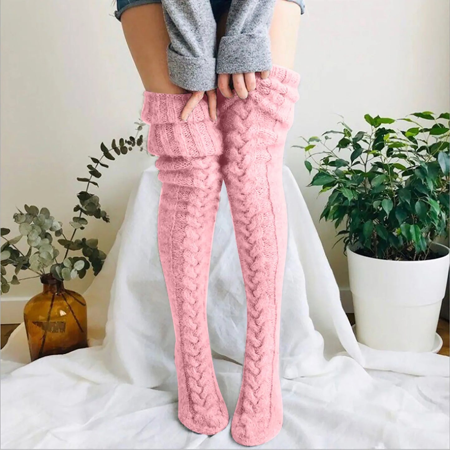 Women Socks Christmas solid Long Over The Knee Cotton Socks High Long Winter Knitting Over Knee Xmas Knit carpet Socks