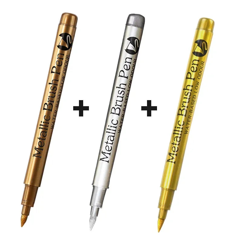 3Pcs/set Permanent Brush Metallic Art Markers Pens Silver/Gold/Copper/White Paint Pen for Rock Halloween Pumpkin Christmas