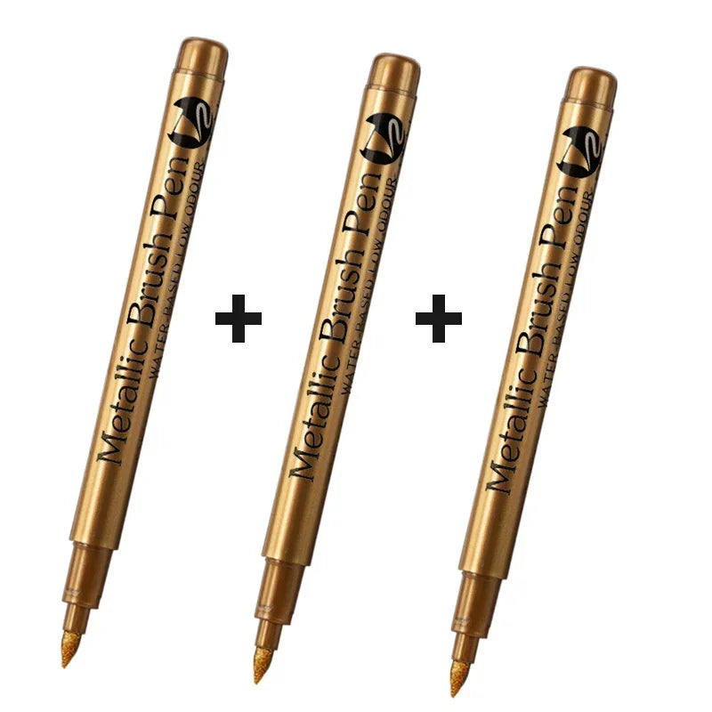 3Pcs/set Permanent Brush Metallic Art Markers Pens Silver/Gold/Copper/White Paint Pen for Rock Halloween Pumpkin Christmas