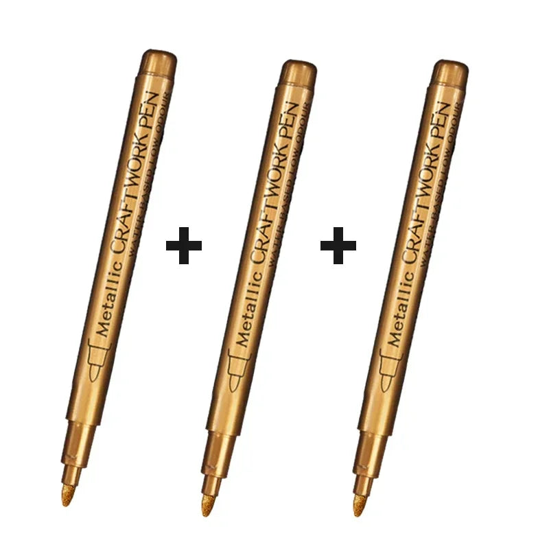 3Pcs/set Permanent Brush Metallic Art Markers Pens Silver/Gold/Copper/White Paint Pen for Rock Halloween Pumpkin Christmas