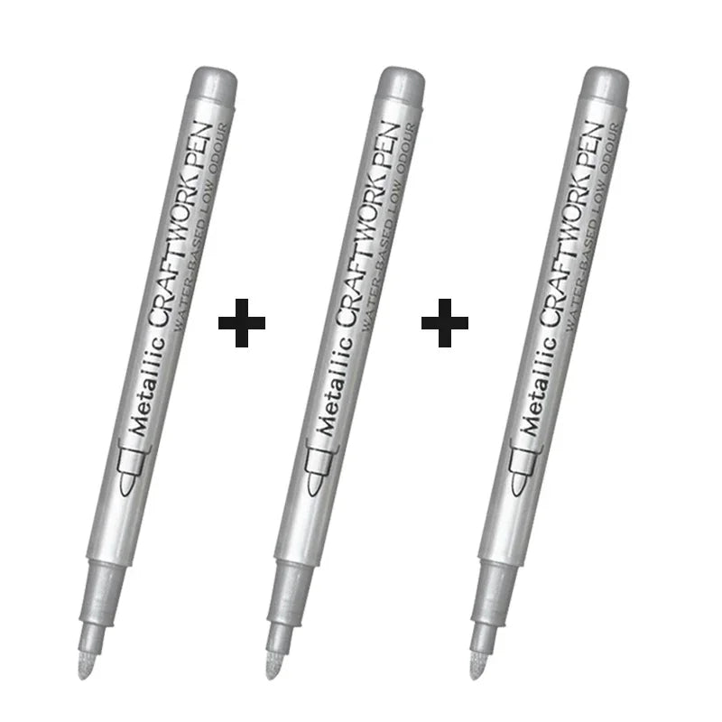 3Pcs/set Permanent Brush Metallic Art Markers Pens Silver/Gold/Copper/White Paint Pen for Rock Halloween Pumpkin Christmas