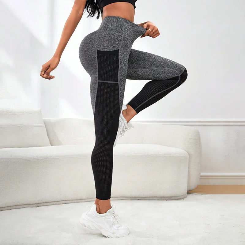 Mesh Colorblocked High Waist Yoga Pants with Pockets Leggings for Women Tummy Control Workout Leggings for Women