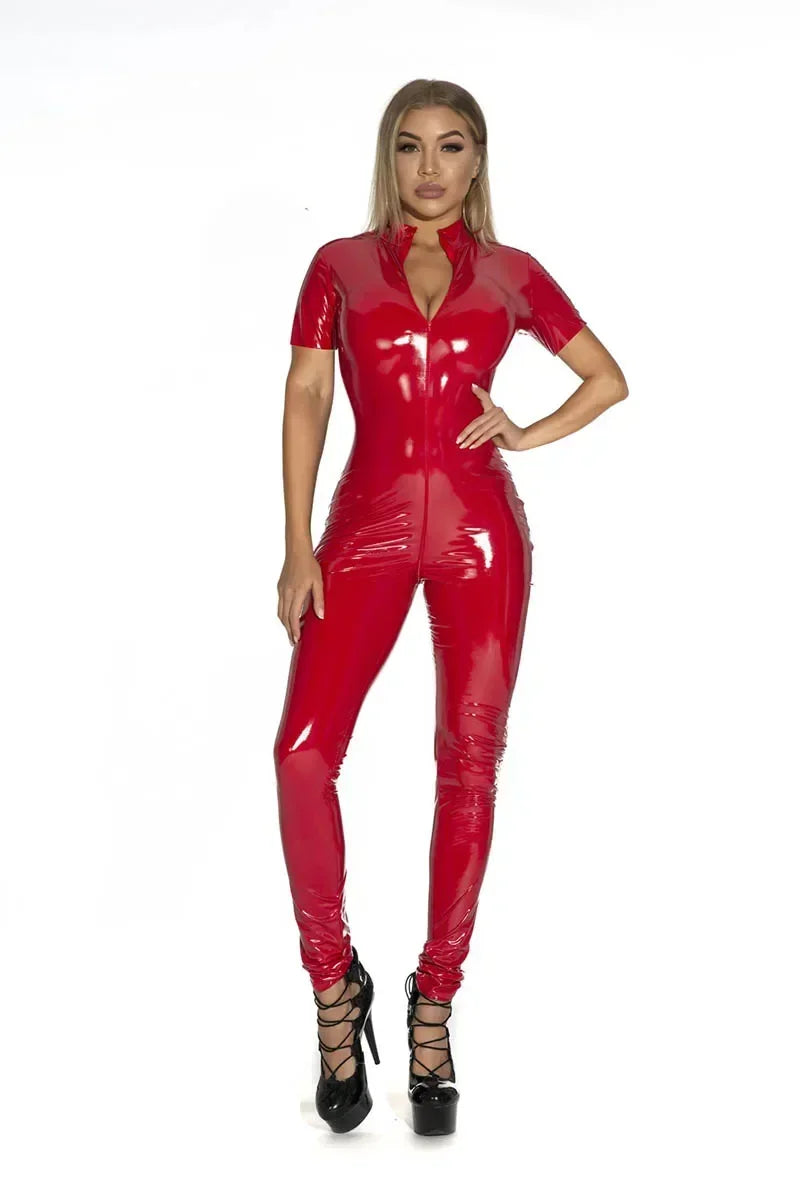 Women's Wet Look Shiny PU Faux Leather Jumpsuit Suit Long Sleeve Zipper Open Crotch Latex Bodysuit Clubwear Plus Size
