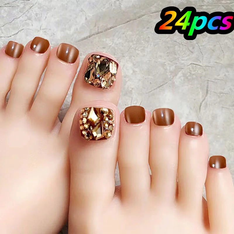 24Pcs/box Short Square Fake Toenail With Gold Crystal/Cat Eye's Square Fake Foot Nails Full Cover Detachable False Toenails