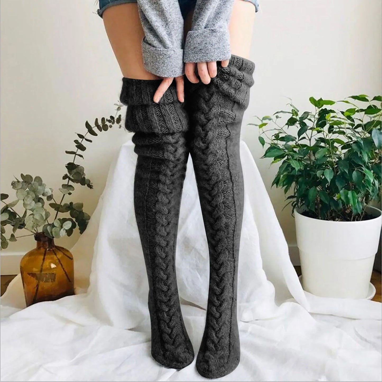 Women Socks Christmas solid Long Over The Knee Cotton Socks High Long Winter Knitting Over Knee Xmas Knit carpet Socks