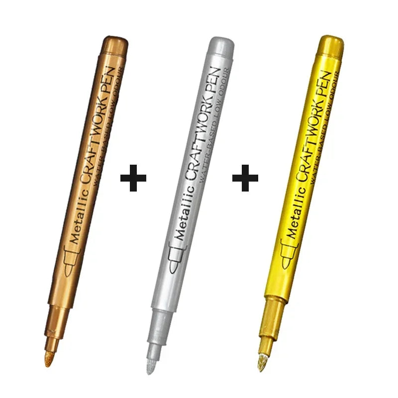 3Pcs/set Permanent Brush Metallic Art Markers Pens Silver/Gold/Copper/White Paint Pen for Rock Halloween Pumpkin Christmas