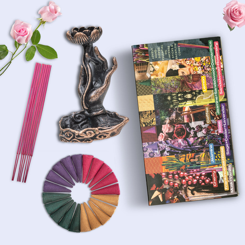 Crystal Aura Incense Ritual Set – Essential Oil Sticks & Backflow Cones with Holder