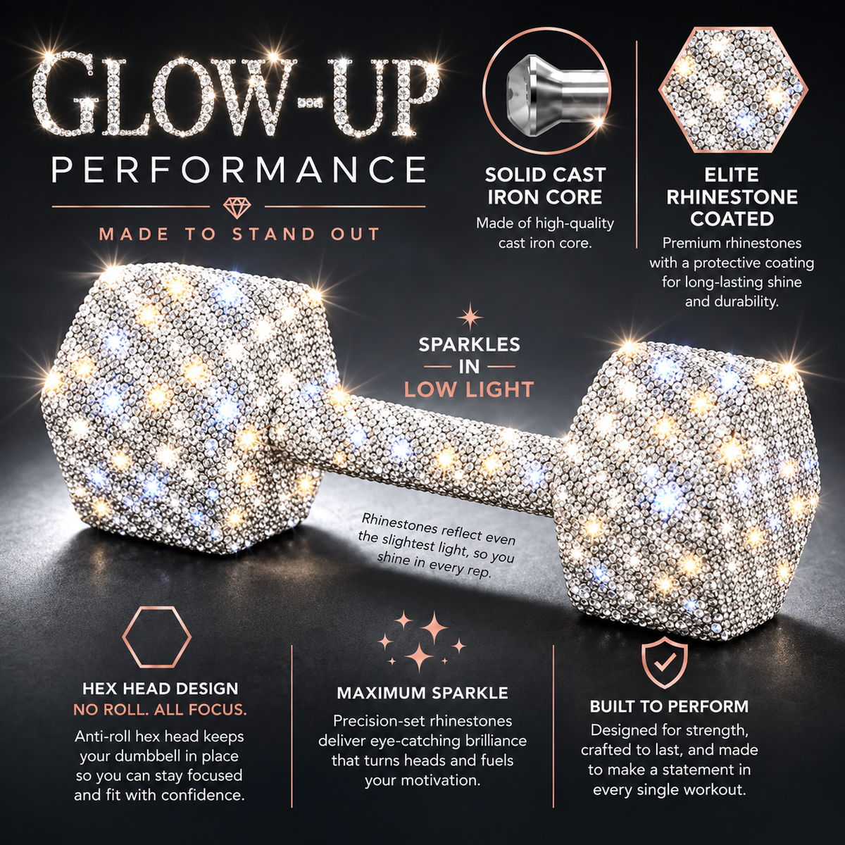 Pair of Crystal Dumbbells – Rhinestone Hand Weights, WHITE, Set of 2