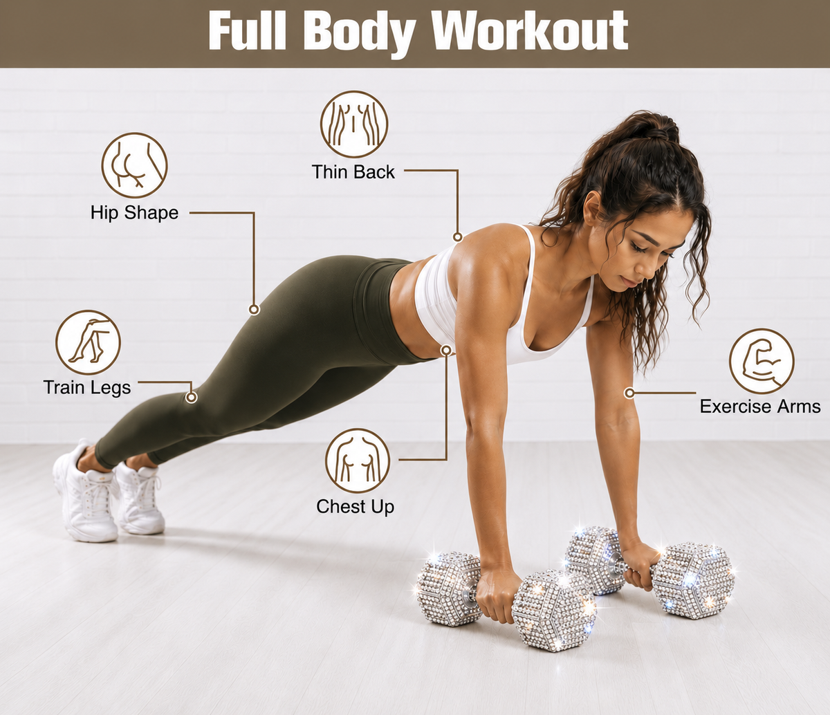 Pair of Crystal Dumbbells – Rhinestone Hand Weights, WHITE, Set of 2