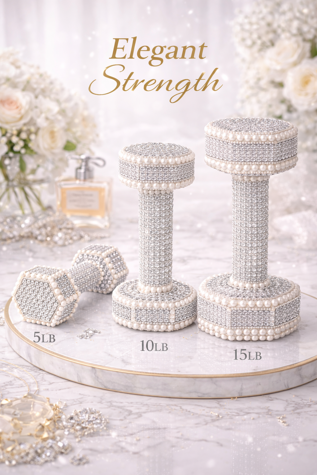 White Diamond Dumbbells with Pearl Trim – Elegant Set