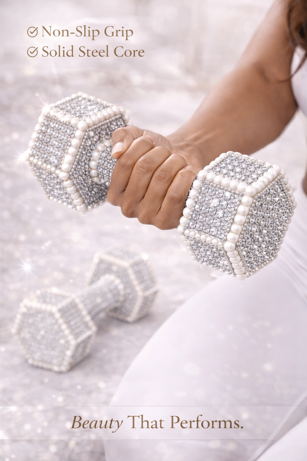 White Diamond Dumbbells with Pearl Trim – Elegant Set